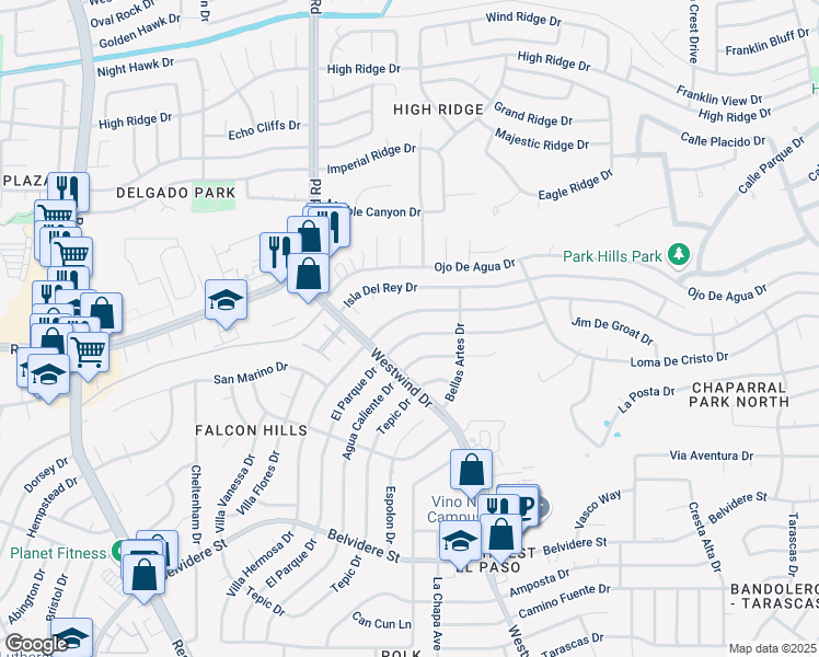 map of restaurants, bars, coffee shops, grocery stores, and more near 6733 El Parque Drive in El Paso