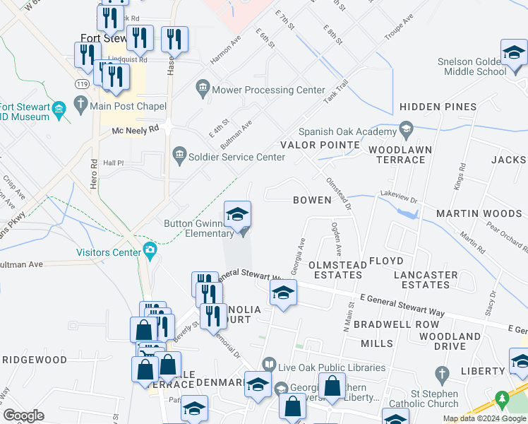 map of restaurants, bars, coffee shops, grocery stores, and more near 640 Taylor Road in Hinesville