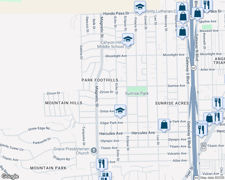 map of restaurants, bars, coffee shops, grocery stores, and more near 8700 Dolomite Drive in El Paso