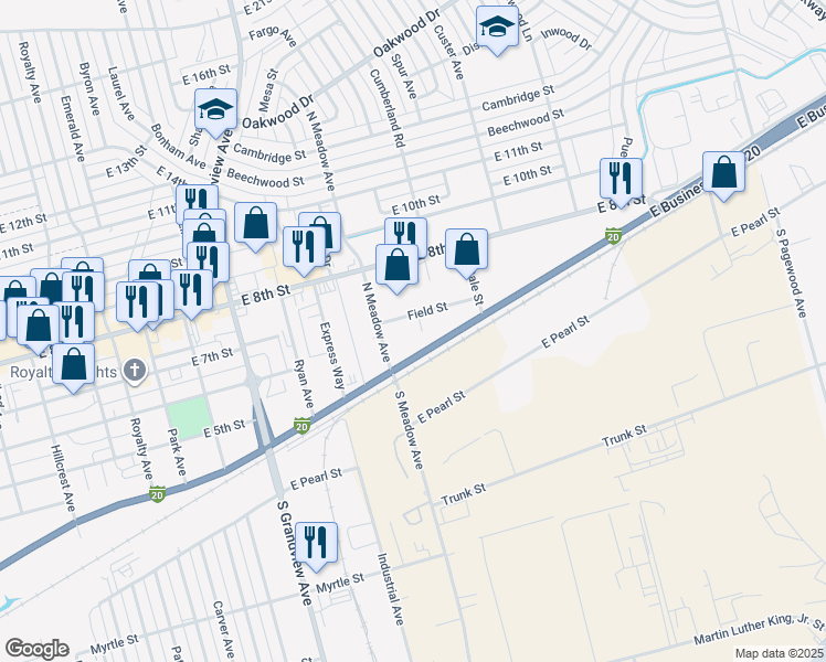 map of restaurants, bars, coffee shops, grocery stores, and more near 2321 East 2nd Street in Odessa
