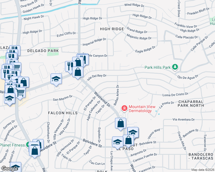 map of restaurants, bars, coffee shops, grocery stores, and more near 6733 El Parque Drive in El Paso