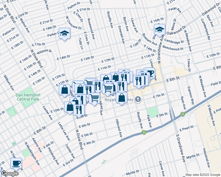 map of restaurants, bars, coffee shops, grocery stores, and more near 1401 East 8th Street in Odessa