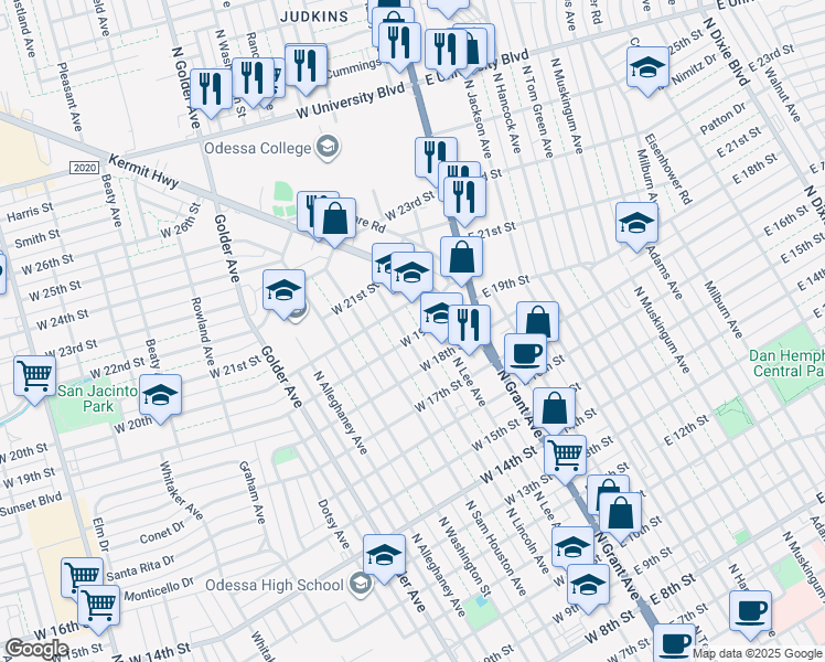 map of restaurants, bars, coffee shops, grocery stores, and more near 1901 North Lincoln Avenue in Odessa