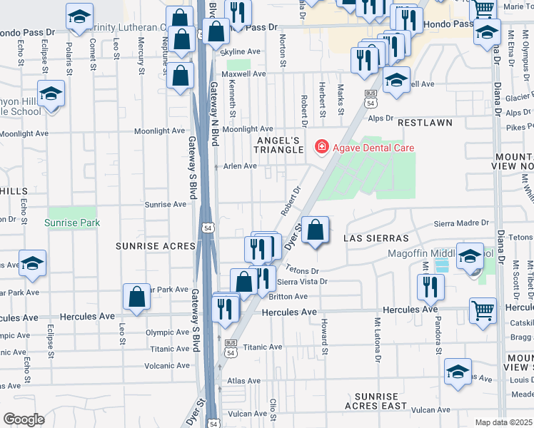map of restaurants, bars, coffee shops, grocery stores, and more near 4532 Sunrise Avenue in El Paso