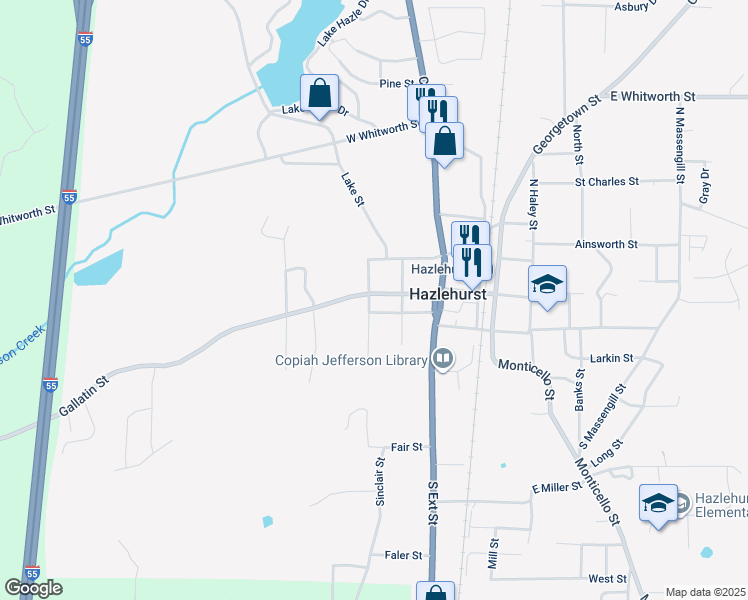map of restaurants, bars, coffee shops, grocery stores, and more near 214 Downing Street in Hazlehurst