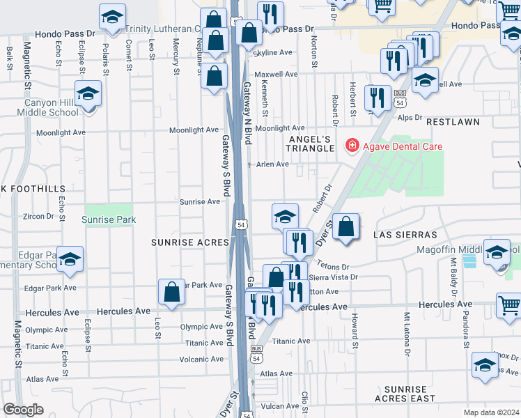 map of restaurants, bars, coffee shops, grocery stores, and more near 4426 Sunrise Avenue in El Paso