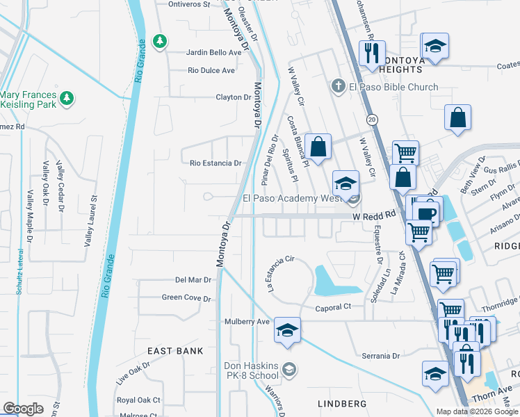 map of restaurants, bars, coffee shops, grocery stores, and more near 537 West Redd Road in El Paso