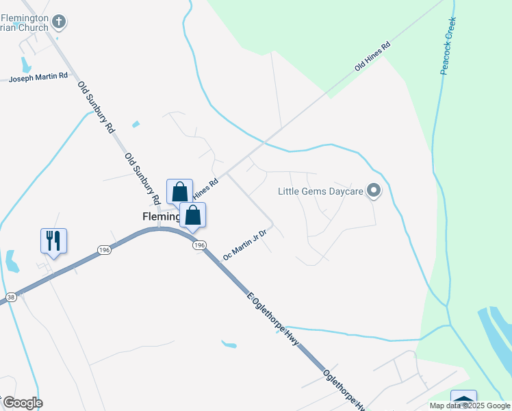 map of restaurants, bars, coffee shops, grocery stores, and more near Oc Martin Junior Drive in Hinesville
