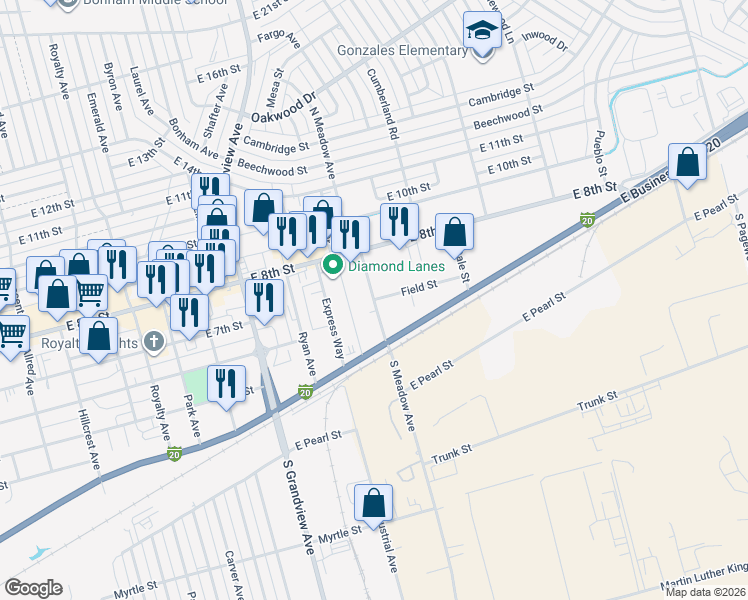 map of restaurants, bars, coffee shops, grocery stores, and more near 700 Meadow Avenue in Odessa