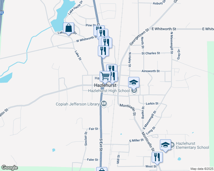 map of restaurants, bars, coffee shops, grocery stores, and more near in Hazlehurst