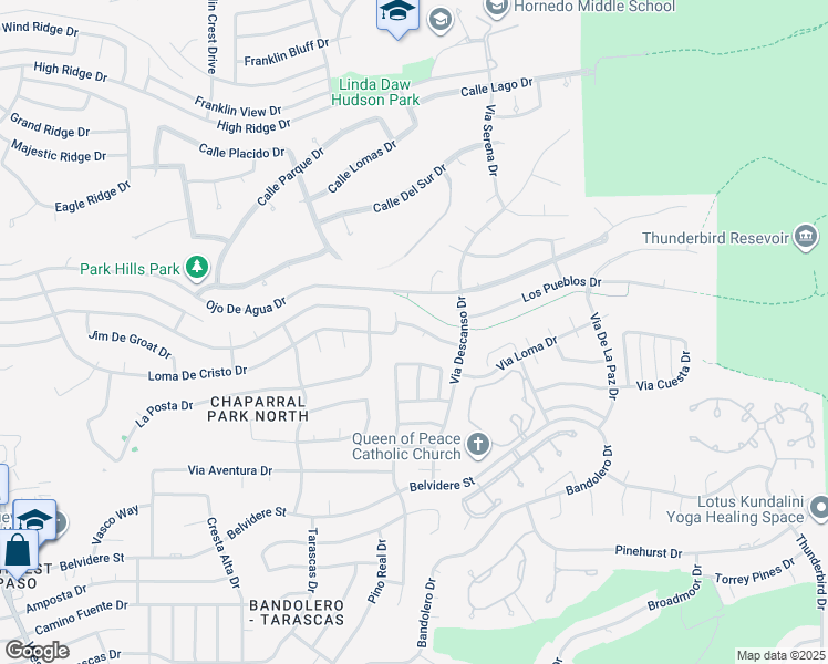 map of restaurants, bars, coffee shops, grocery stores, and more near 6136 Los Fuentes Drive in El Paso