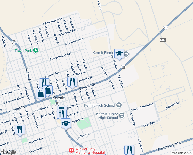 map of restaurants, bars, coffee shops, grocery stores, and more near 838-966 East Austin Street in Kermit