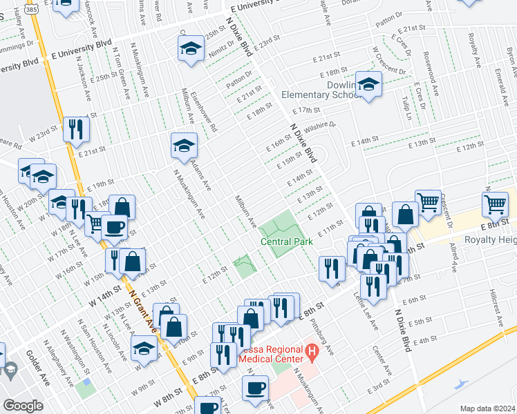 map of restaurants, bars, coffee shops, grocery stores, and more near 808 East 14th Street in Odessa
