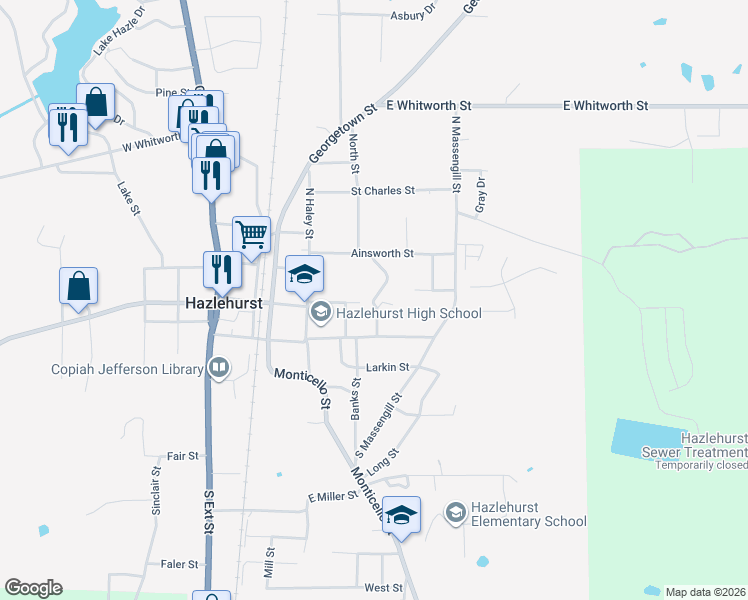 map of restaurants, bars, coffee shops, grocery stores, and more near 158 Mangold Drive in Hazlehurst