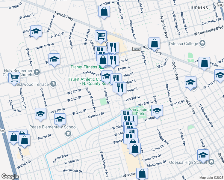 map of restaurants, bars, coffee shops, grocery stores, and more near 2400 Catalina Drive in Odessa