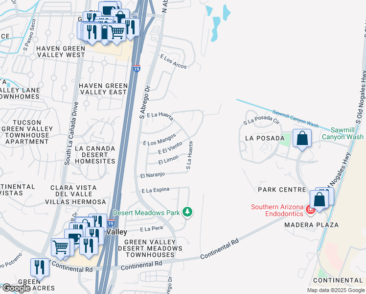 map of restaurants, bars, coffee shops, grocery stores, and more near 230 East El Viento in Green Valley