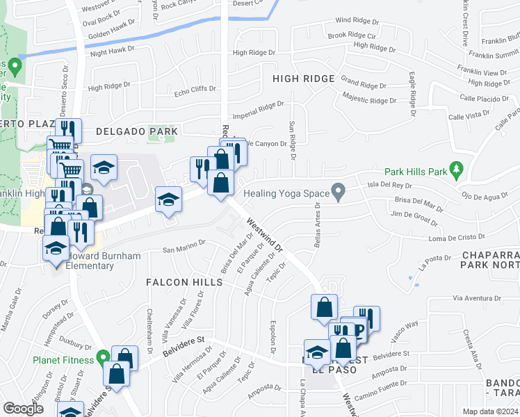 map of restaurants, bars, coffee shops, grocery stores, and more near 800 Escalon Way in El Paso