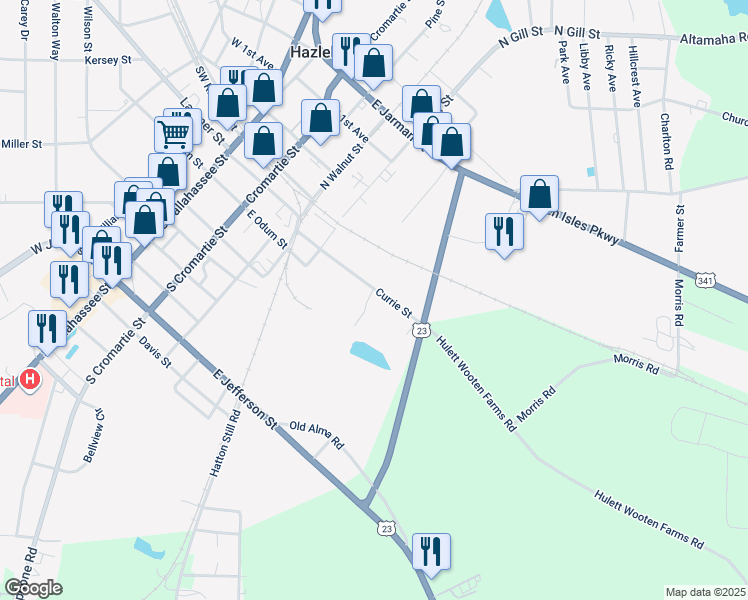 map of restaurants, bars, coffee shops, grocery stores, and more near 17 Currie Street in Hazlehurst
