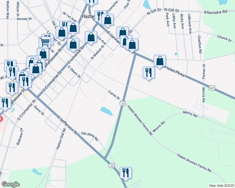 map of restaurants, bars, coffee shops, grocery stores, and more near 17-75 Currie Street in Hazlehurst