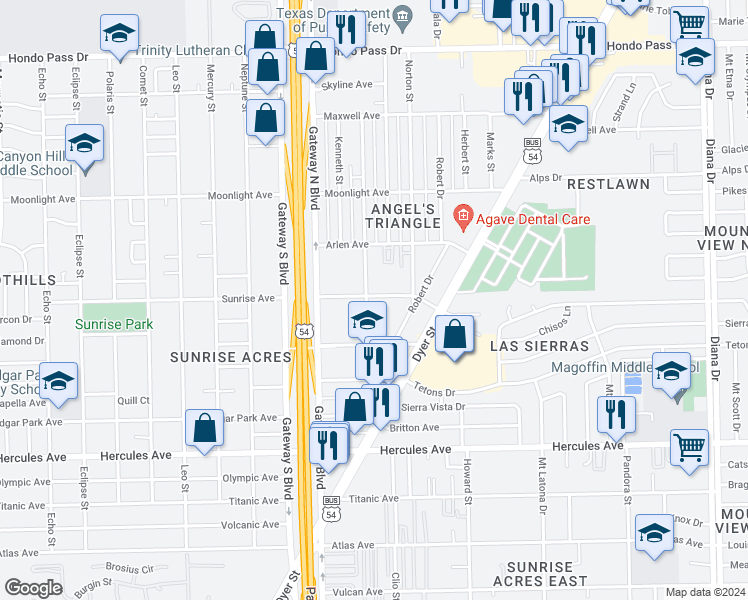 map of restaurants, bars, coffee shops, grocery stores, and more near 4532 Sunrise Avenue in El Paso
