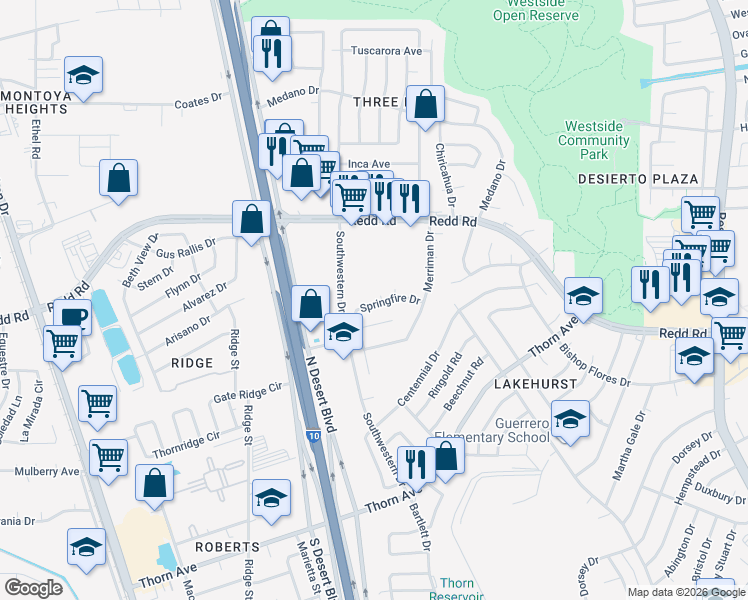 map of restaurants, bars, coffee shops, grocery stores, and more near 849 Springfire Drive in El Paso