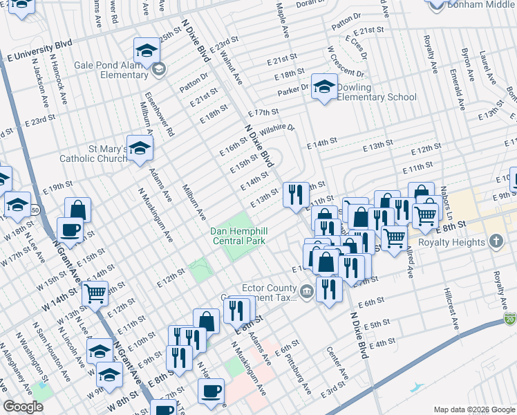map of restaurants, bars, coffee shops, grocery stores, and more near 903 East 12th Street in Odessa