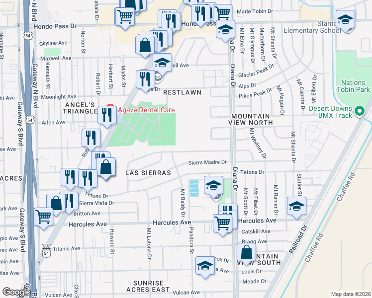 map of restaurants, bars, coffee shops, grocery stores, and more near 4915 Sierra Madre Drive in El Paso