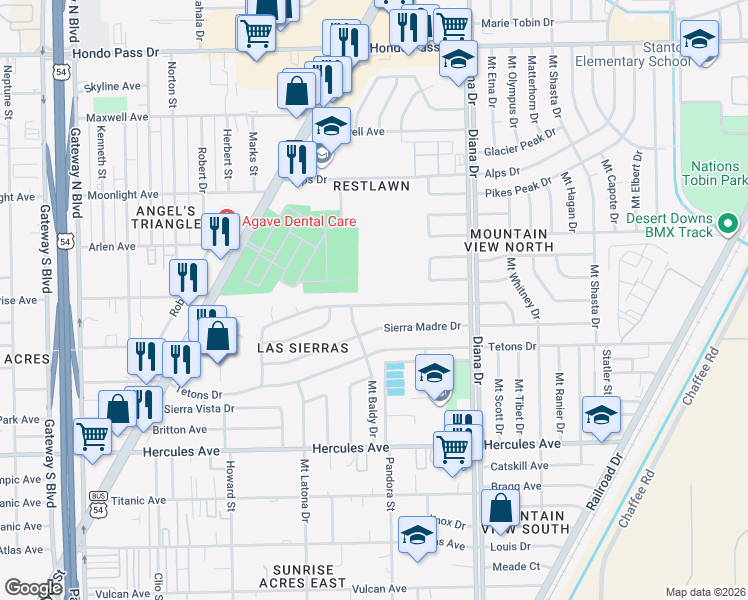 map of restaurants, bars, coffee shops, grocery stores, and more near 4915 Sierra Madre Drive in El Paso