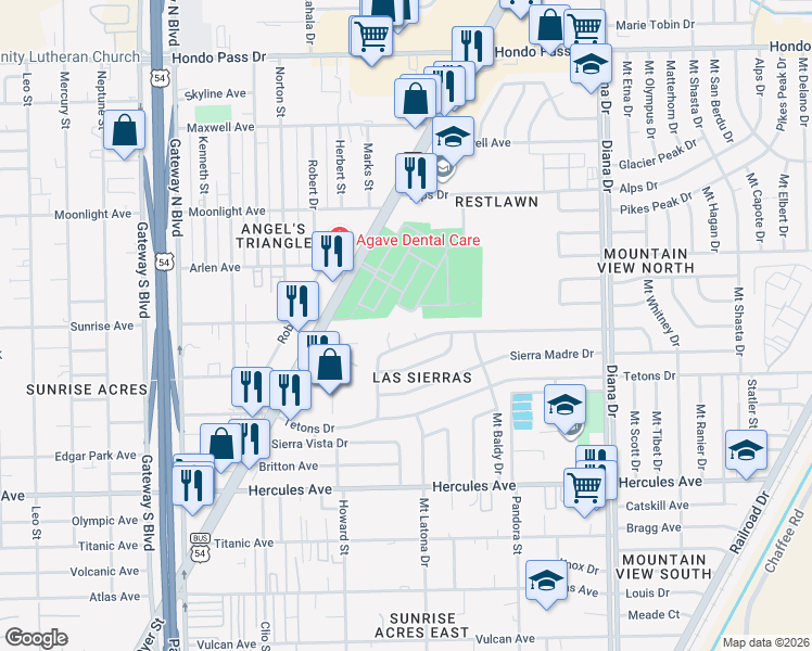 map of restaurants, bars, coffee shops, grocery stores, and more near 4739 Guadalupe Drive in El Paso
