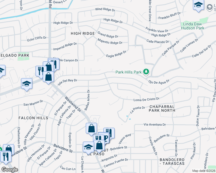 map of restaurants, bars, coffee shops, grocery stores, and more near 6612 El Parque Drive in El Paso