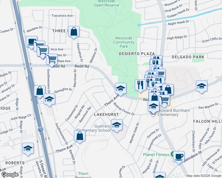 map of restaurants, bars, coffee shops, grocery stores, and more near 890 Melville Lane in El Paso