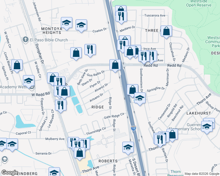 map of restaurants, bars, coffee shops, grocery stores, and more near 5488 Ridge Street in El Paso