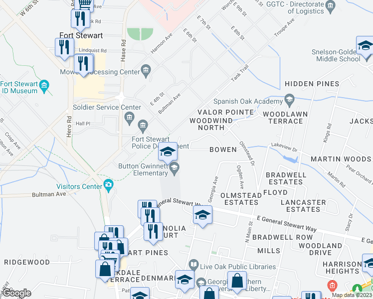 map of restaurants, bars, coffee shops, grocery stores, and more near 240 Honey Lane Circle in Hinesville