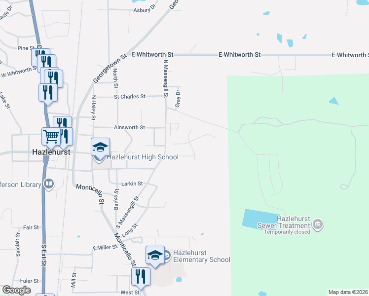 map of restaurants, bars, coffee shops, grocery stores, and more near 128 Autumn Street in Hazlehurst