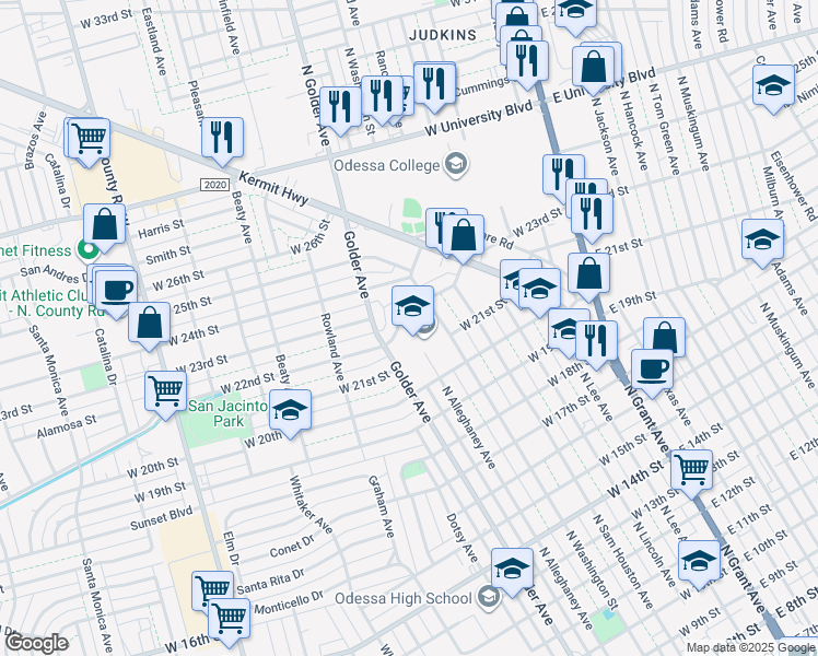 map of restaurants, bars, coffee shops, grocery stores, and more near 500 West 21st Street in Odessa