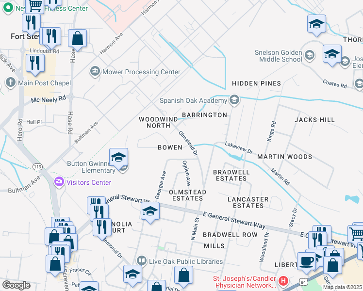 map of restaurants, bars, coffee shops, grocery stores, and more near 807 Olmstead Drive in Hinesville