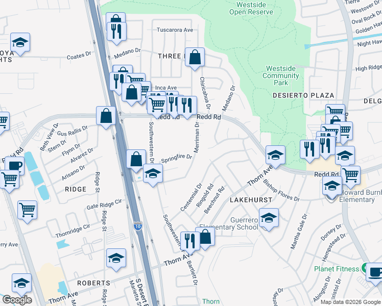 map of restaurants, bars, coffee shops, grocery stores, and more near 725 Merriman Drive in El Paso