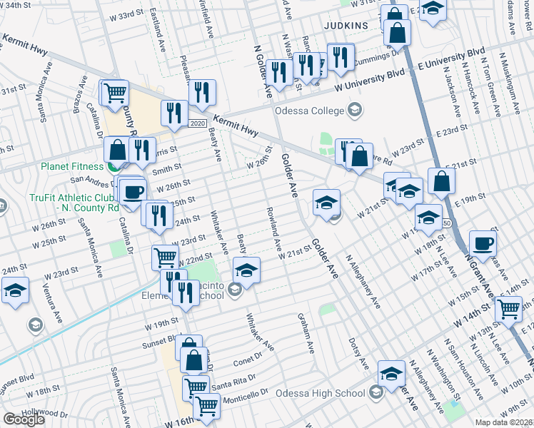 map of restaurants, bars, coffee shops, grocery stores, and more near 811 W 24th St in Odessa
