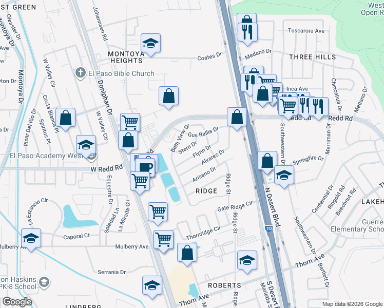 map of restaurants, bars, coffee shops, grocery stores, and more near 231 Flynn Drive in El Paso