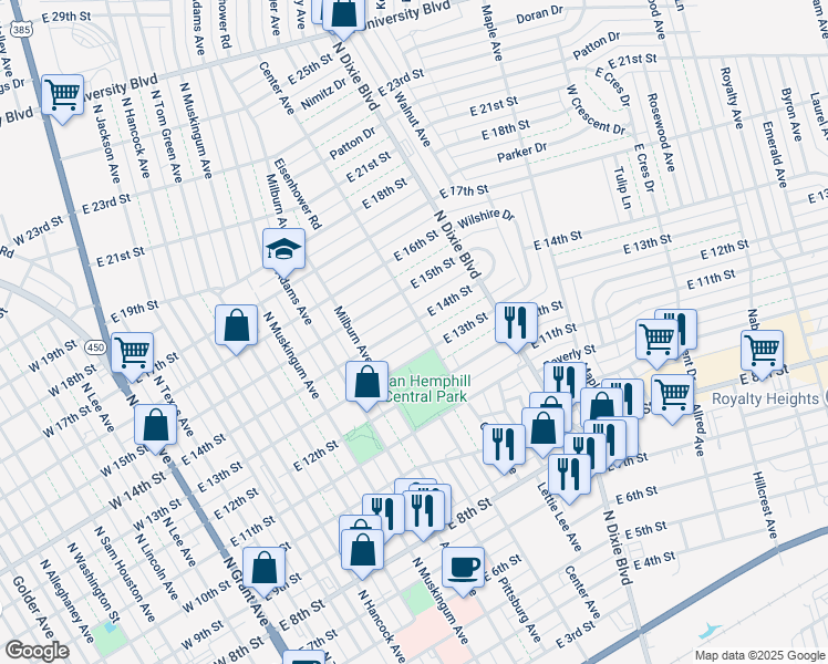 map of restaurants, bars, coffee shops, grocery stores, and more near 1401-1499 Center Avenue in Odessa