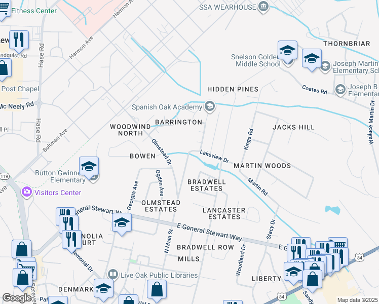 map of restaurants, bars, coffee shops, grocery stores, and more near 106 Lakeview Drive in Hinesville