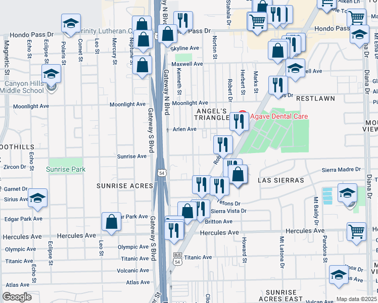 map of restaurants, bars, coffee shops, grocery stores, and more near 4425 Sunrise Avenue in El Paso