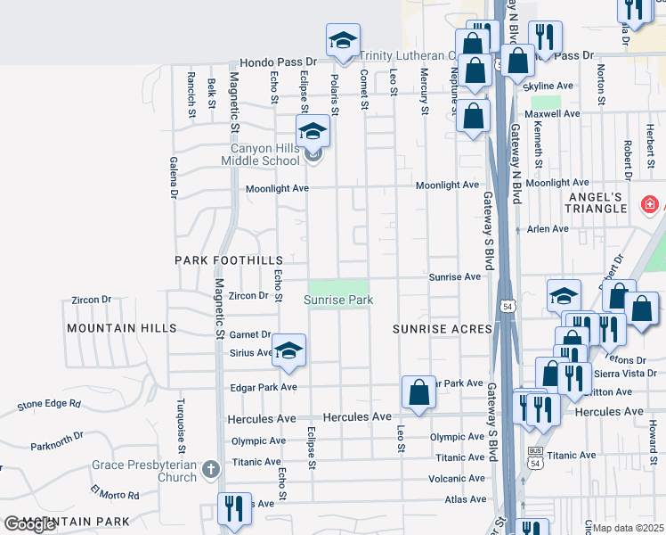 map of restaurants, bars, coffee shops, grocery stores, and more near 8709 Polaris Street in El Paso