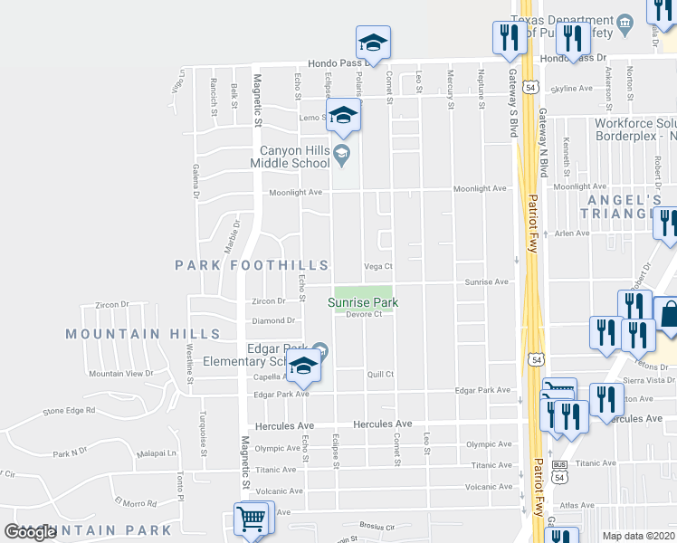 map of restaurants, bars, coffee shops, grocery stores, and more near 8706 Eclipse Street in El Paso