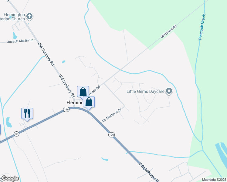 map of restaurants, bars, coffee shops, grocery stores, and more near 51 Blaze Circle in Hinesville