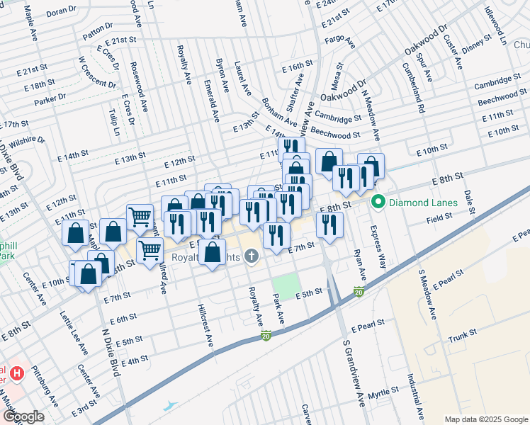 map of restaurants, bars, coffee shops, grocery stores, and more near 2101 East 9th Street in Odessa