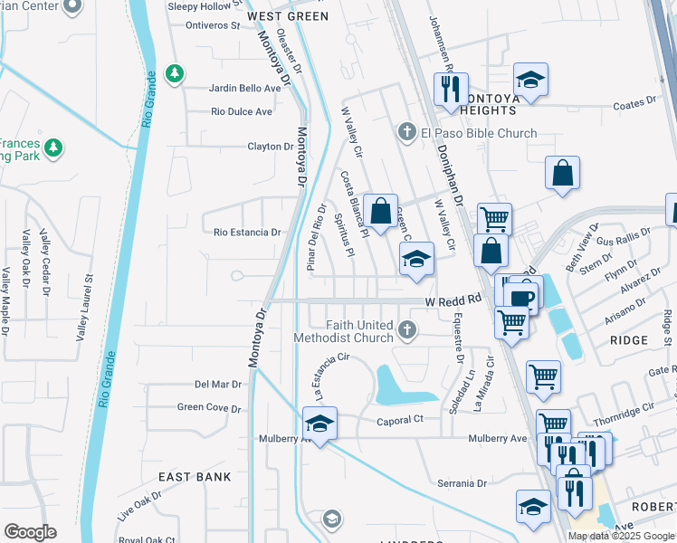 map of restaurants, bars, coffee shops, grocery stores, and more near 5624 Navarie Place in El Paso