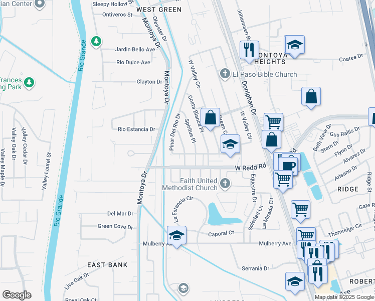 map of restaurants, bars, coffee shops, grocery stores, and more near 5624 Navarie Place in El Paso