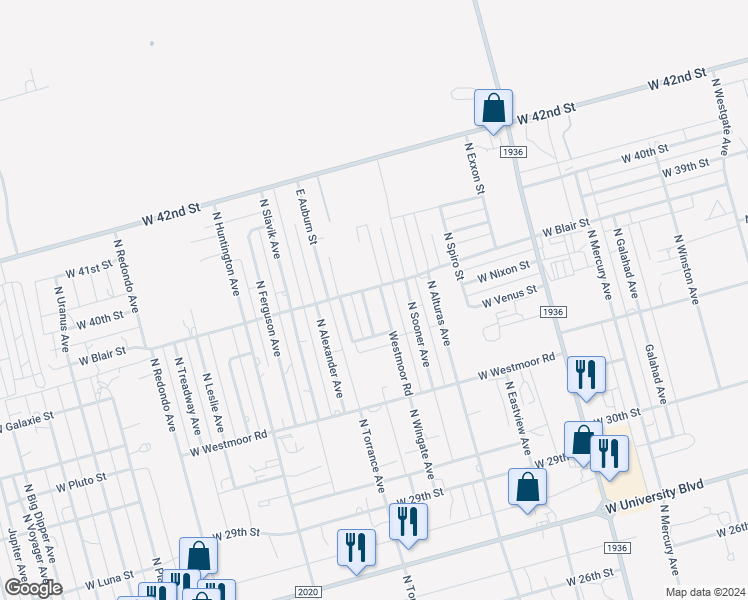 map of restaurants, bars, coffee shops, grocery stores, and more near 6605 West Blair Street in Odessa