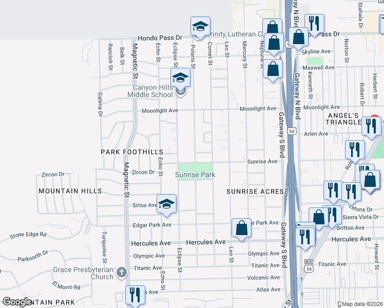 map of restaurants, bars, coffee shops, grocery stores, and more near 8709 Polaris Street in El Paso
